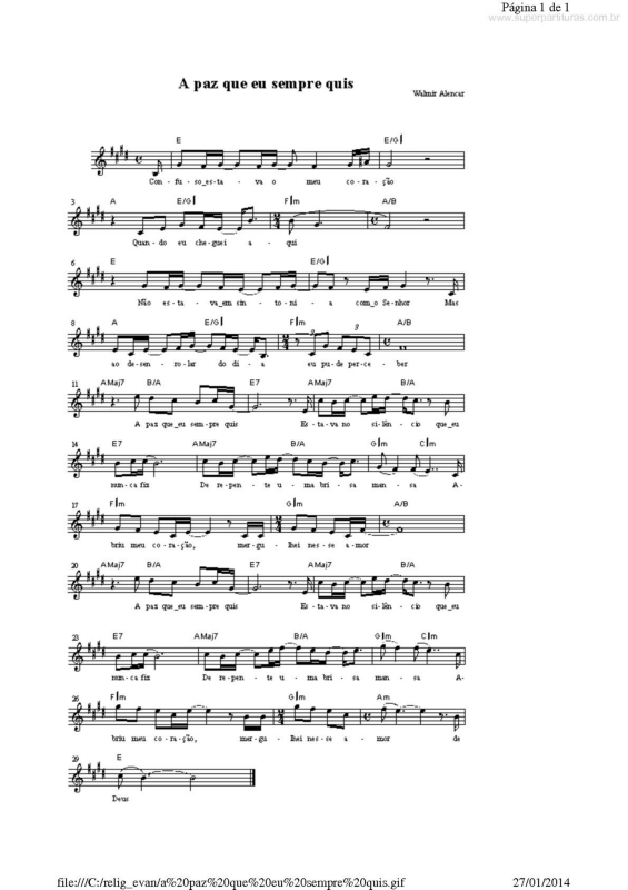 Partitura da música A Paz que Eu Sempre Quis