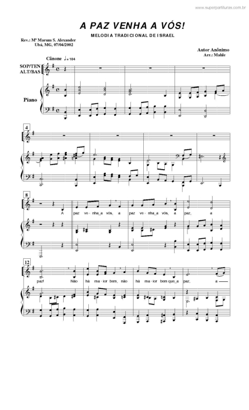 Partitura da música A Paz Venha A Vós!