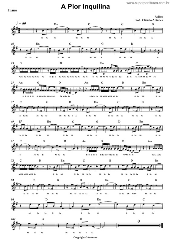 Partitura da música A Pior Inquilina