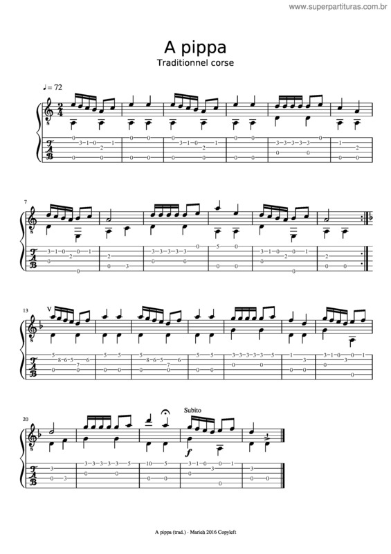 Partitura da música A Pippa – Traditionnel Corse – Tablature