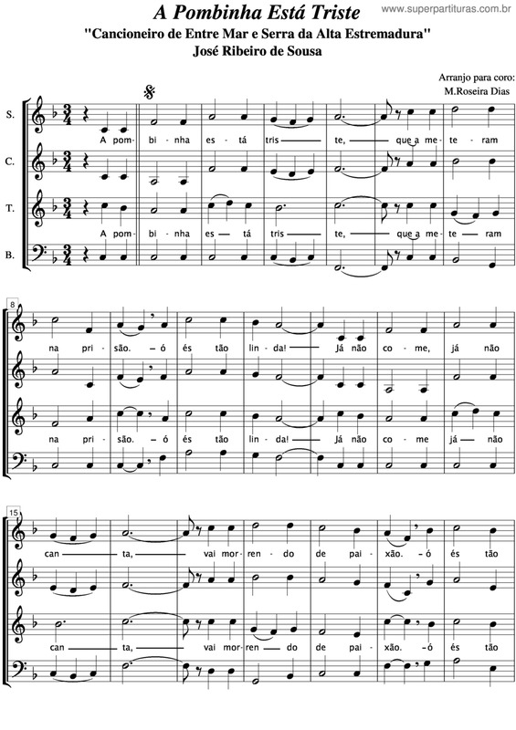 Partitura da música A Pombinha Está Triste