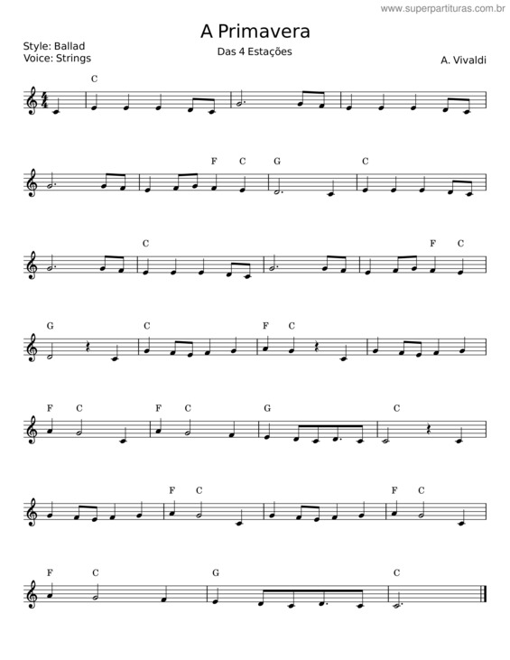 Partitura da música A Primavera – A. Vivaldi v.2