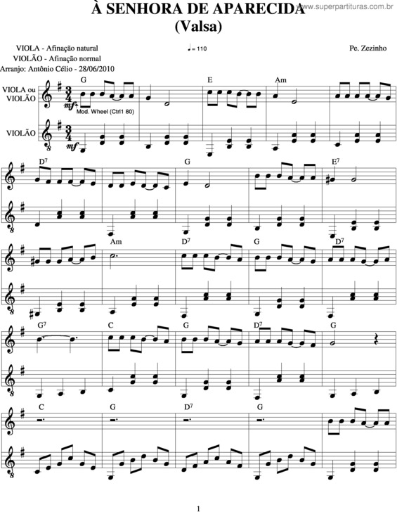 Partitura da música À Senhora De Aparecida v.2