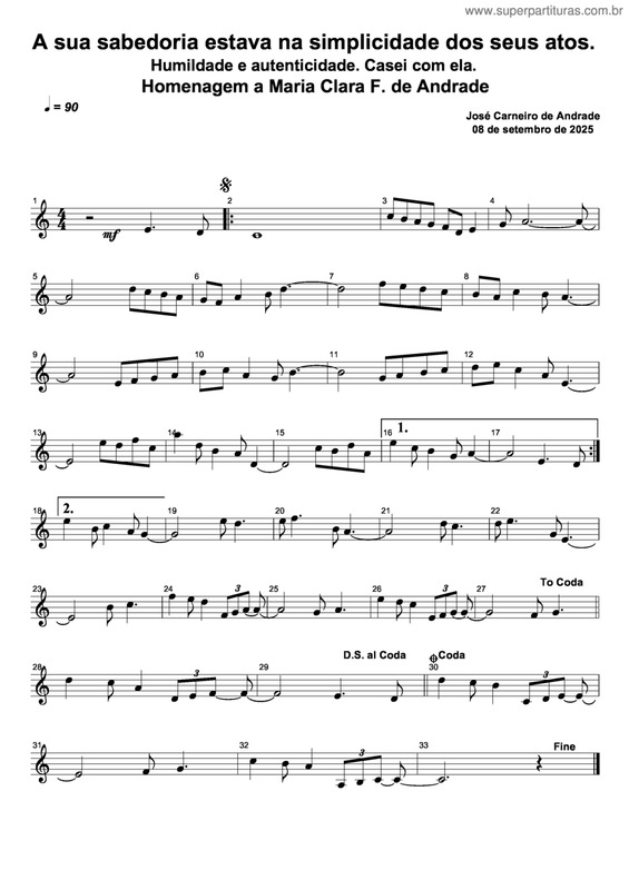 Partitura da música A Sua Sabedoria Estava Na Simplicidade Dos Seus Atos. Homenagem A Maria Clara F. De Andrade