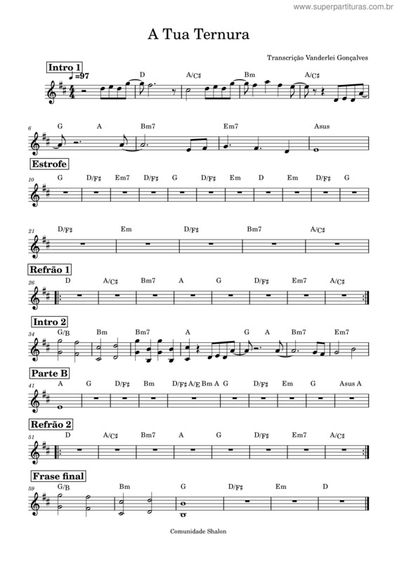 Partitura da música A Tua Ternura – Comunidade Católica Shalom Partitura D