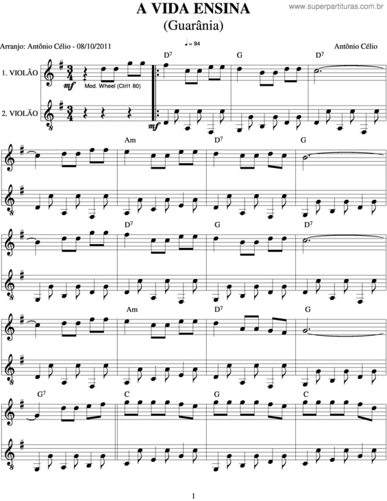 Partitura da música A Vida Ensina