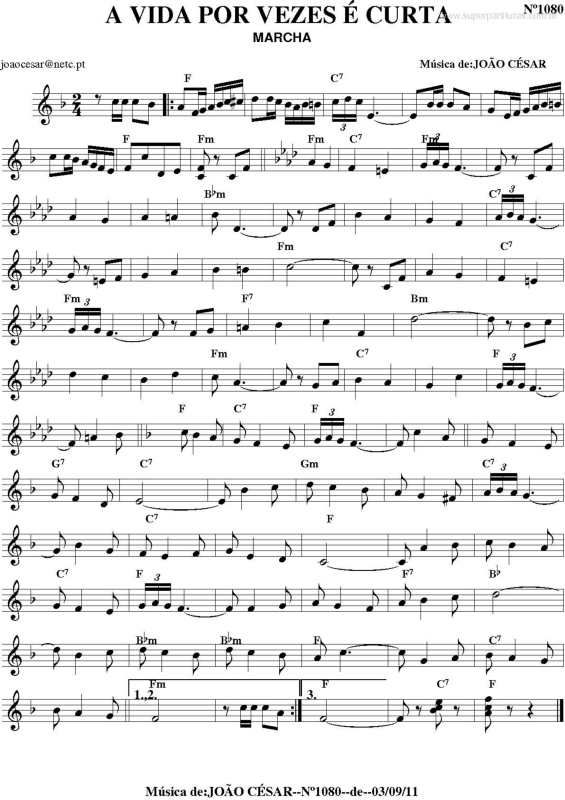 Partitura da música A vida por vezes é curta