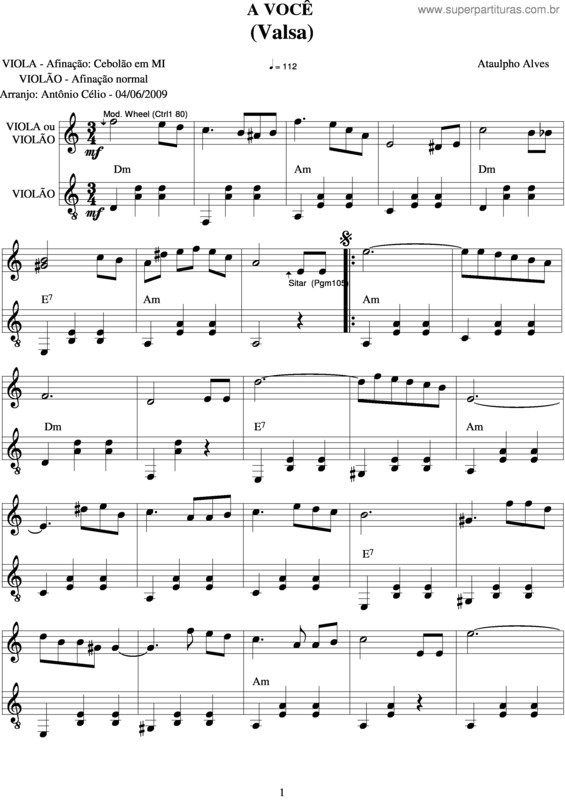 Partitura da música A Você v.5