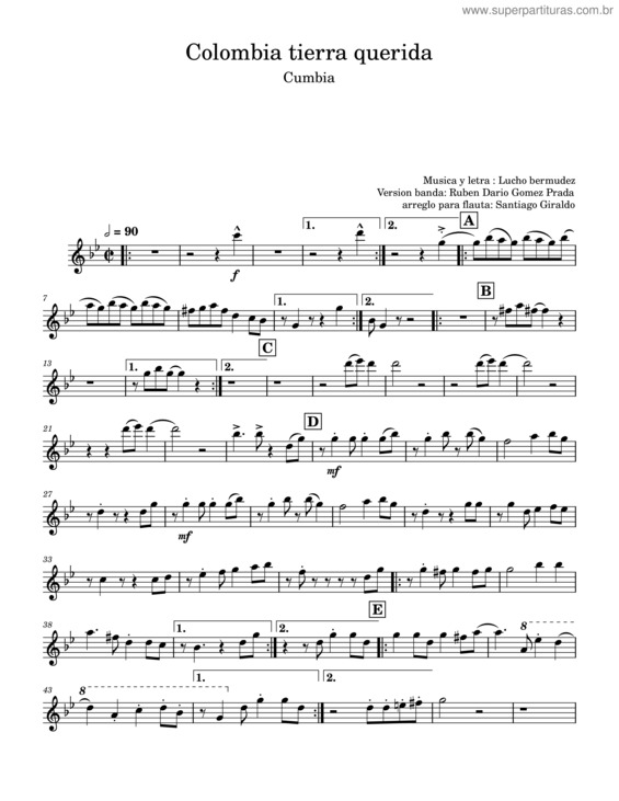 Partitura da música Aarreglo Para Flauta Colombia Tierra Querida