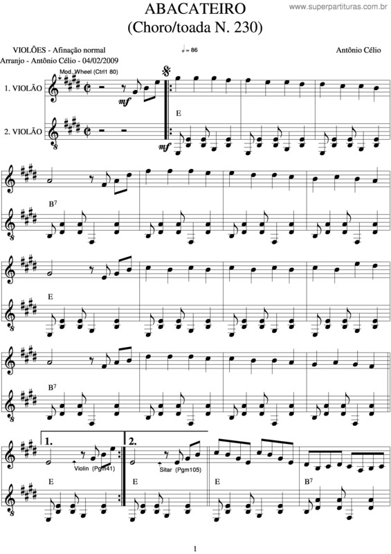 Partitura da música Abacateiro 