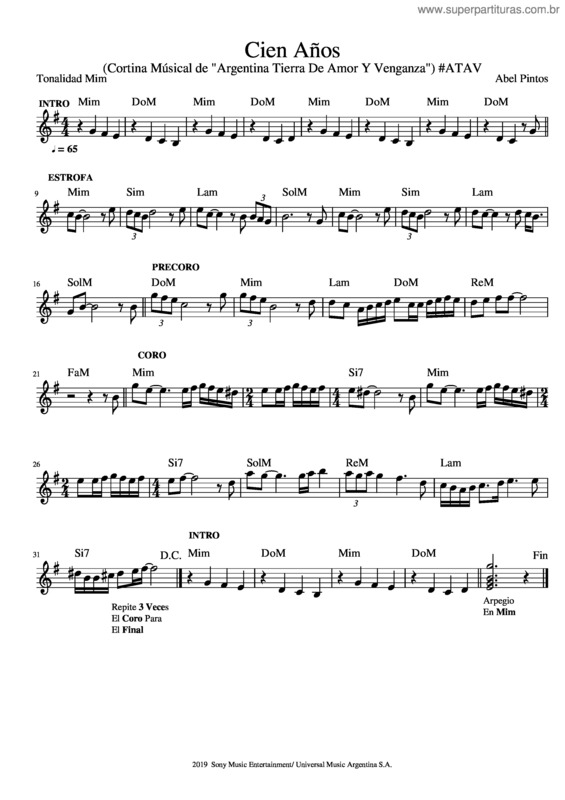 Partitura da música Abel Pintos