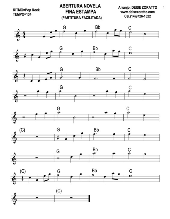Partitura da música Abertura da Novela Fina Estampa (facilitada)