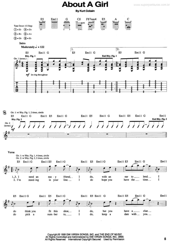 Partitura da música About a Girl