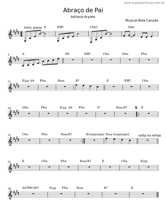 Partitura da música Abraço De Pai – Adriana Arydes