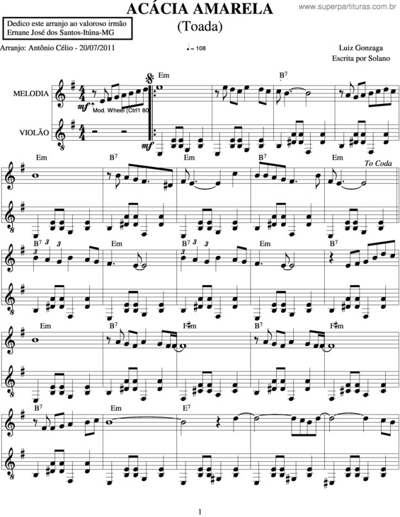 Partitura da música Acácia Amarela v.3