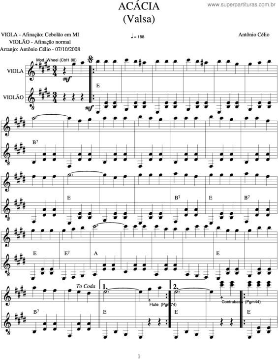 Partitura da música Acácia