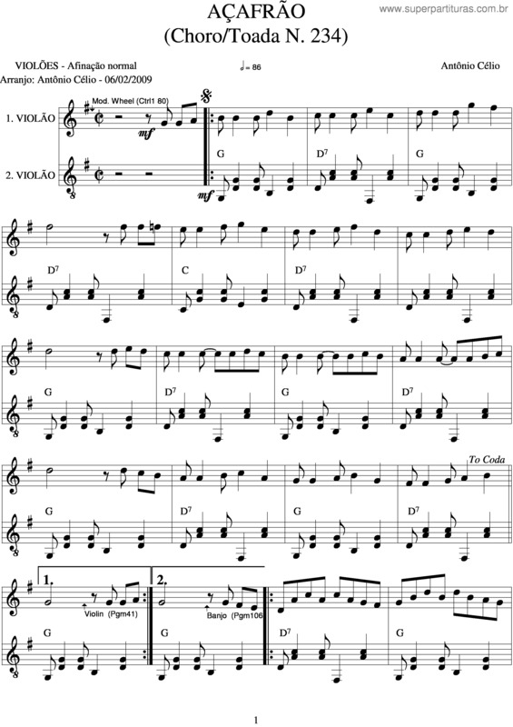 Partitura da música Açafrão