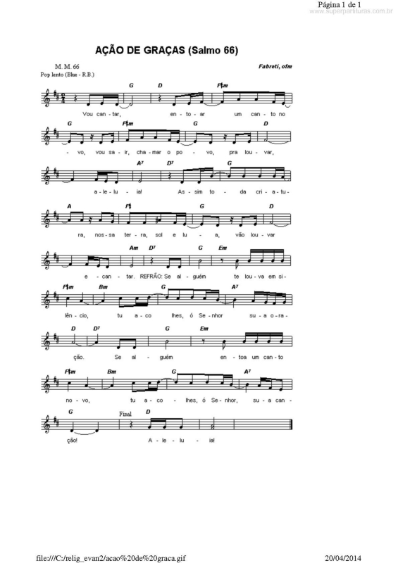 Partitura da música Ação de Graças (Salmo 66)