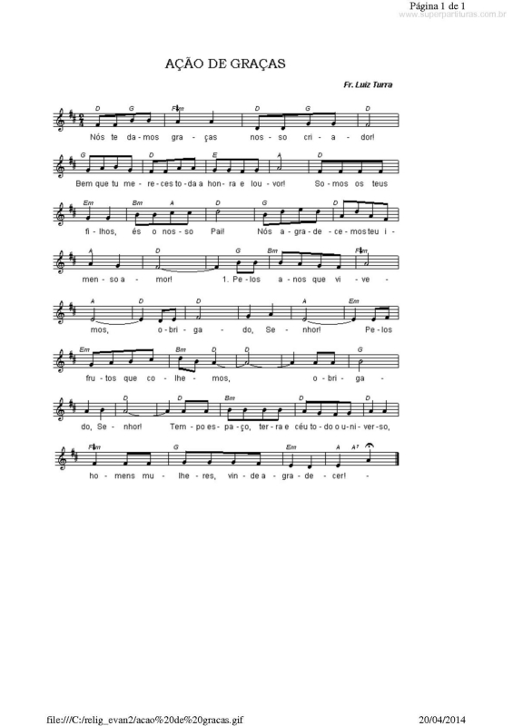 Partitura da música Ação de Graças