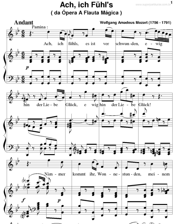 Partitura da música Ach, ich Fühl`s (A Flauta Mágica)