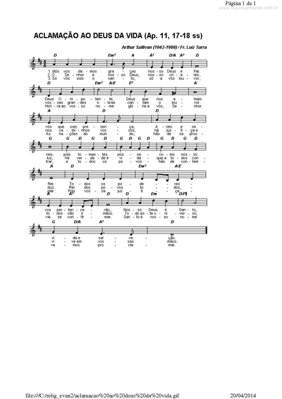 Partitura da música Aclamação ao Deus da Vida (Ap. 11, 17-18 ss)