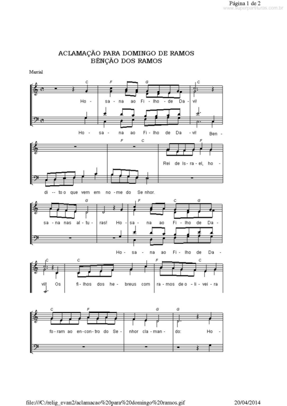 Partitura da música Aclamação para Domingo de Ramos Bênção dos Ramos