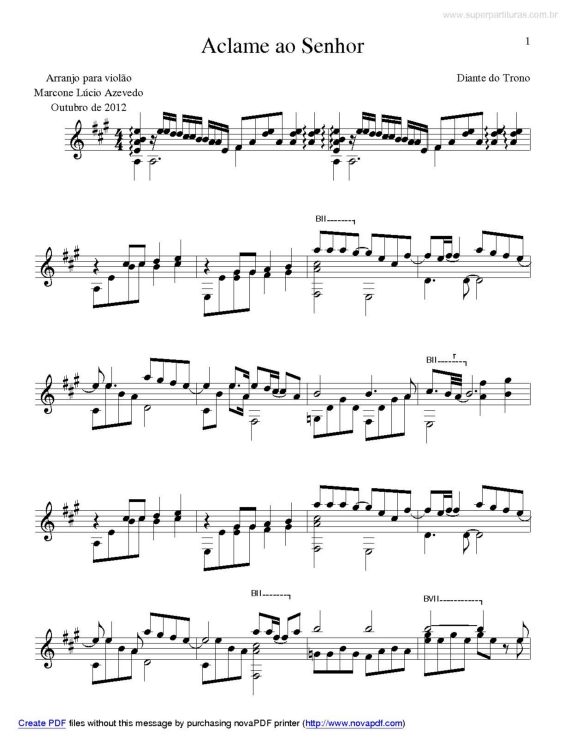 Partitura da música Aclame ao Senhor