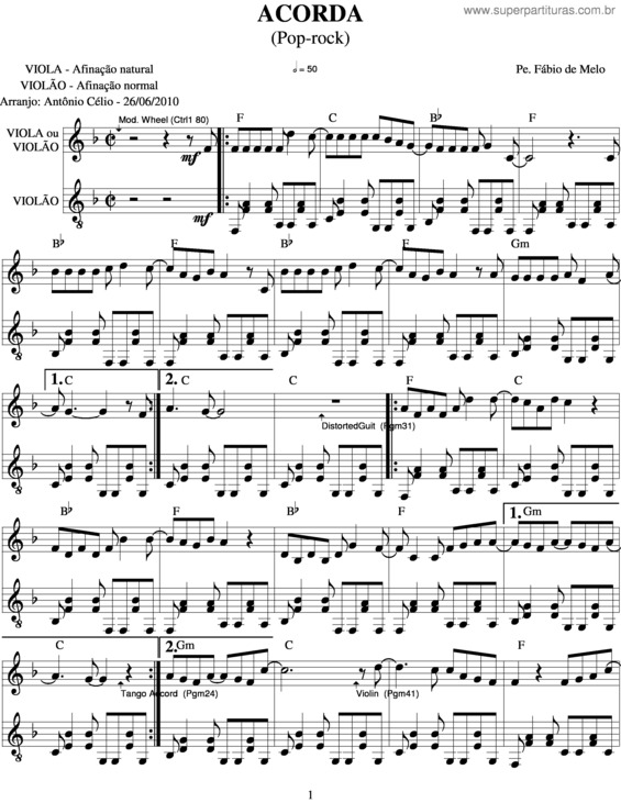 Partitura da música Acorda 