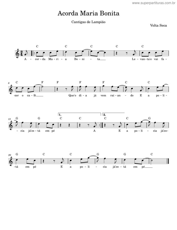 Partitura da música Acorda Maria Bonita – Volta Seca