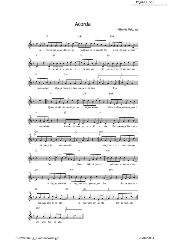 Partitura da música Acorda