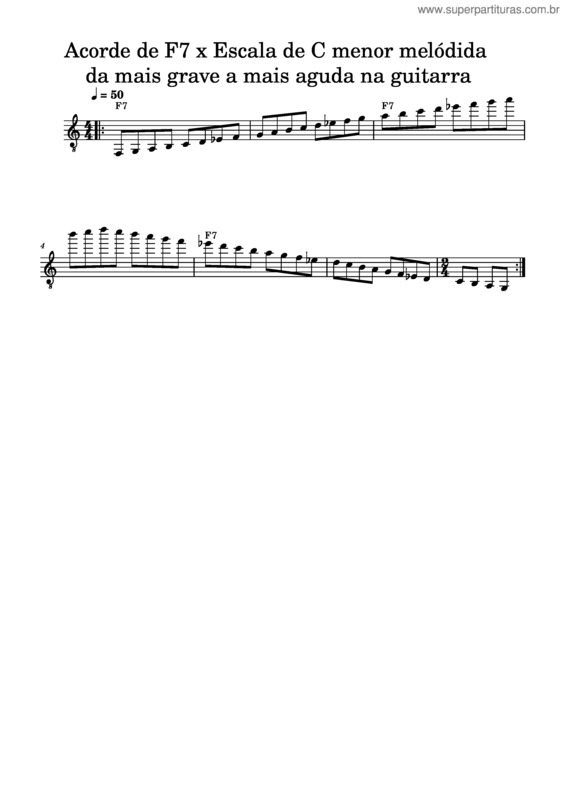 Partitura da música Acorde De F7  Vs Escala De C Menor Melódica, Da Mais Grave À Mais Aguda Ida E Volta No Braço Da Guitarra Acorde De F7 X Escala De C Menor Melódida Da Mais Grave A Mais Aguda Na Guitarra