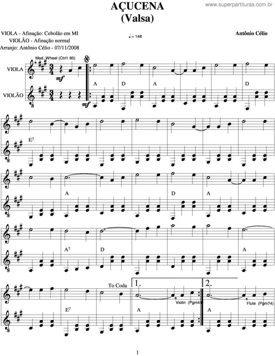 Partitura da música Açucena v.2