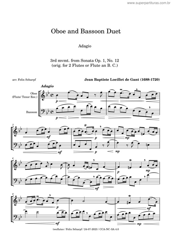 Partitura da música Adagio, Op. 1, No. 12