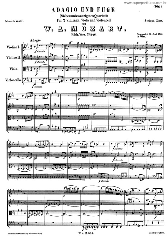 Partitura da música Adagio and Fugue in C minor