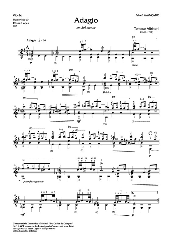 Partitura da música Adágio em Sol Menor v.2