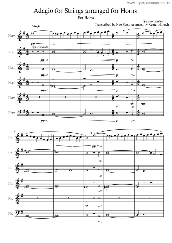 Partitura da música Adagio For Strings – Samuel Barber Adagio For Strings Arr For Horns
