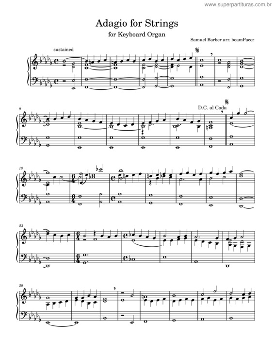 Partitura da música Adagio For Strings – Samuel Barber Adagio For Strings For Keyboard Organ – Samuel Barber