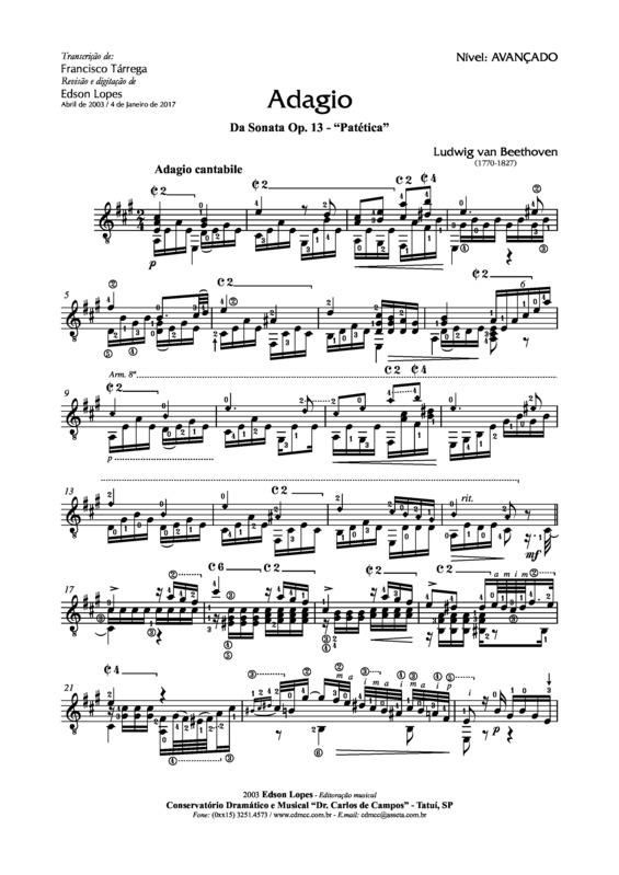 Partitura da música Adágio Op. 13 (da Sonata Patética)