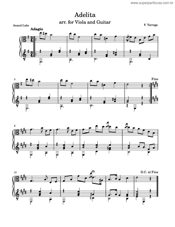 Partitura da música Adelita – Francisco Tarrega