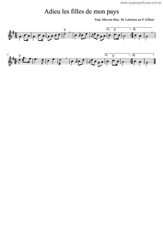 Partitura da música Adieu Les Filles De Mon Pays v.2