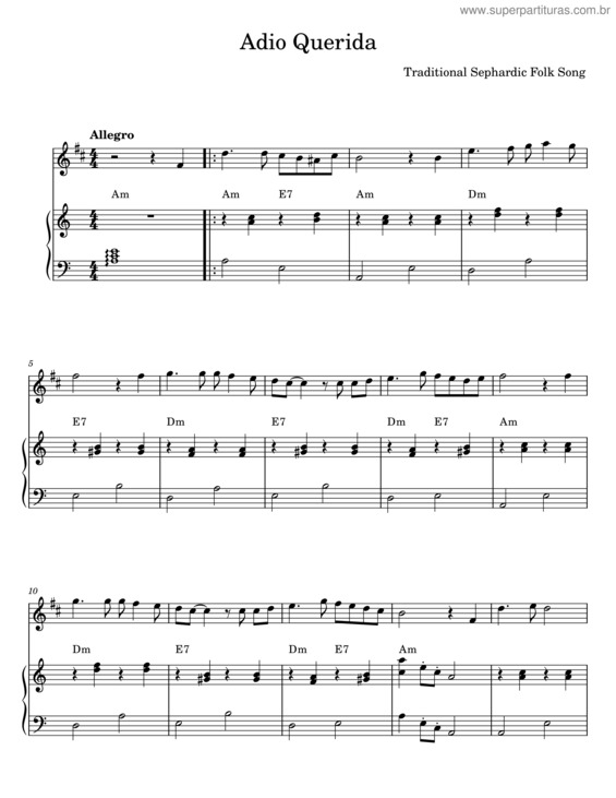 Partitura da música Adio Querida