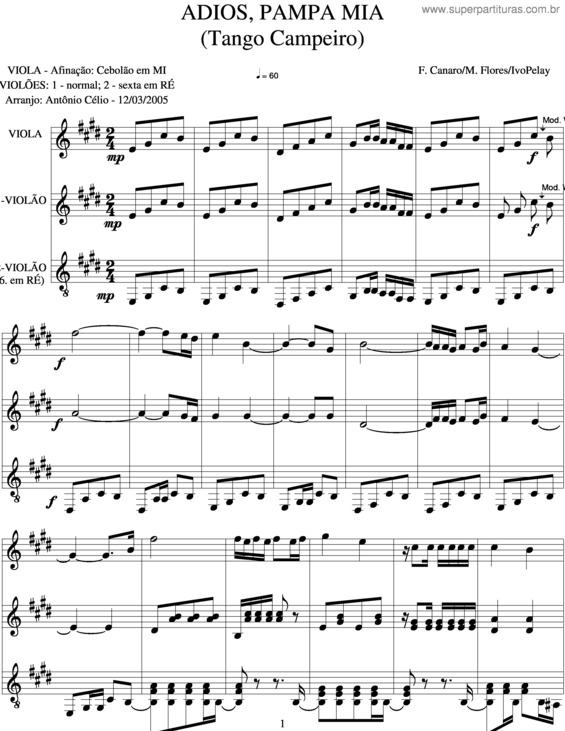 Partitura da música Adions Pampa Mia