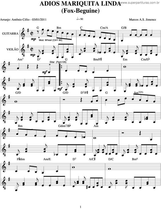 Partitura da música Adios Mariquita Linda