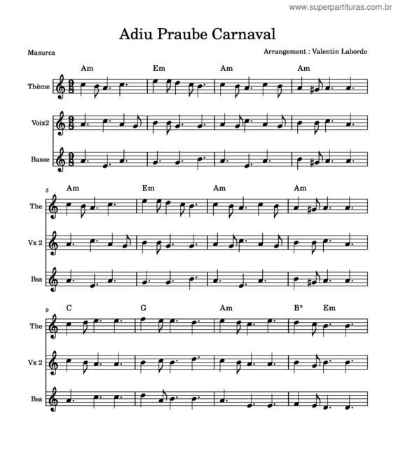 Partitura da música Adiu Praube Carnaval