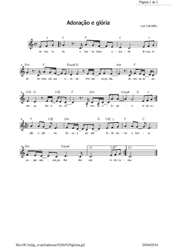 Partitura da música Adoração e Glória