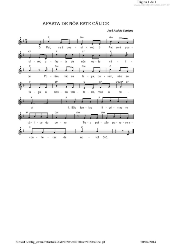 Partitura da música Afasta de Nós este Cálice