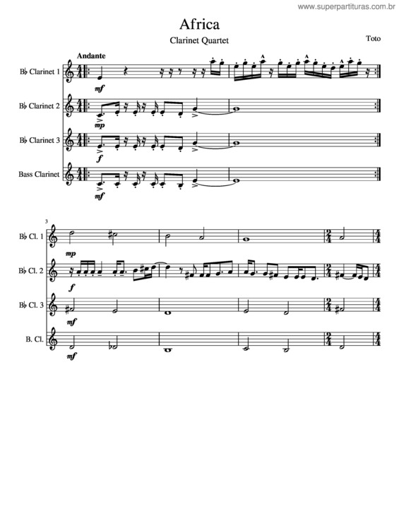 Partitura da música Africa – Toto – Clarinet Quartet