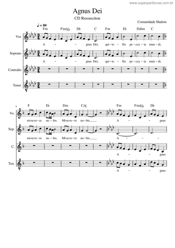 Partitura da música Agnus Dei – Comunidade Católica Shalom