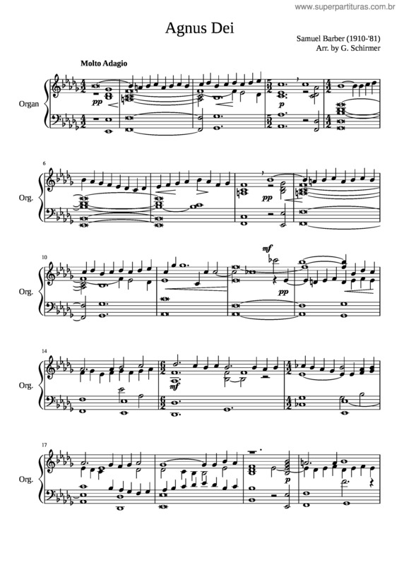 Partitura da música Agnus Dei. Samuel Barber