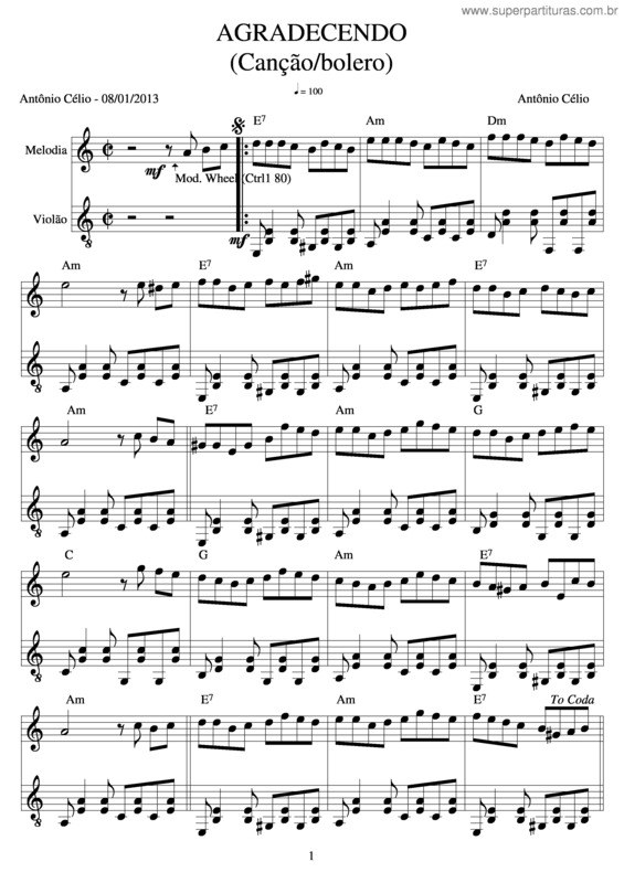 Partitura da música Agradecendo v.4